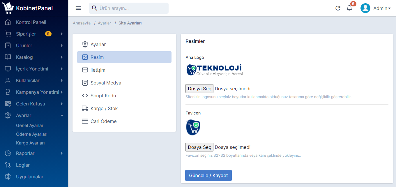 Genel Site Ayarları Yönetimi : Sosyal Medya, İletişim Adres ,Kargo ve Stok Uyarı, Script Kodları Entegrasyon, Cari Ödeme
