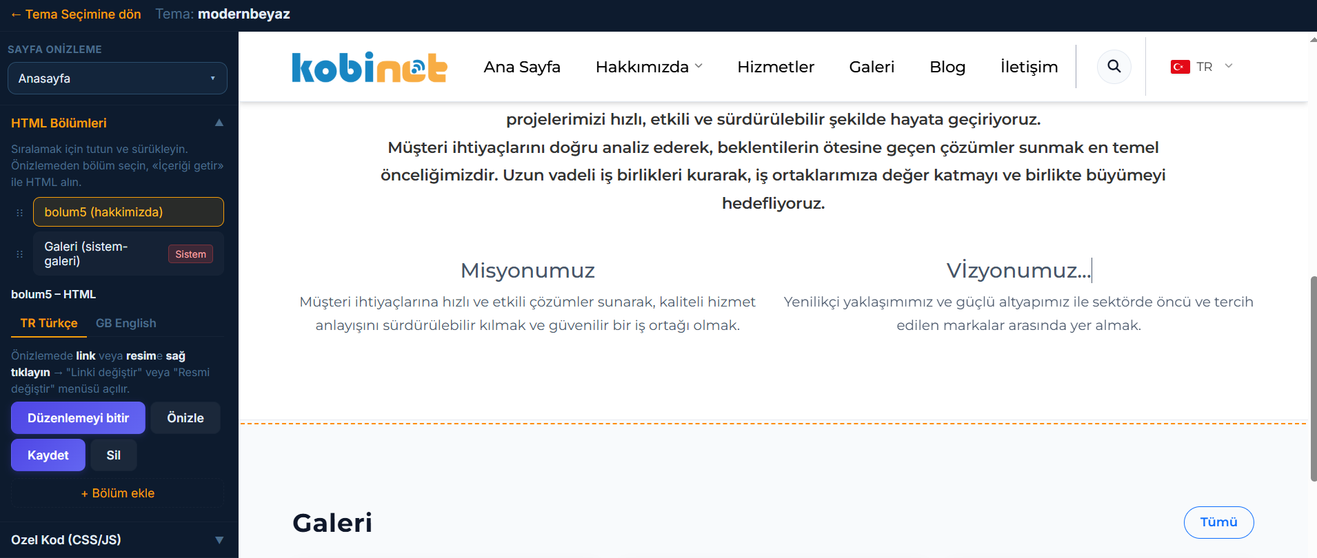 Tema ve tasarım düzenleme paneli
