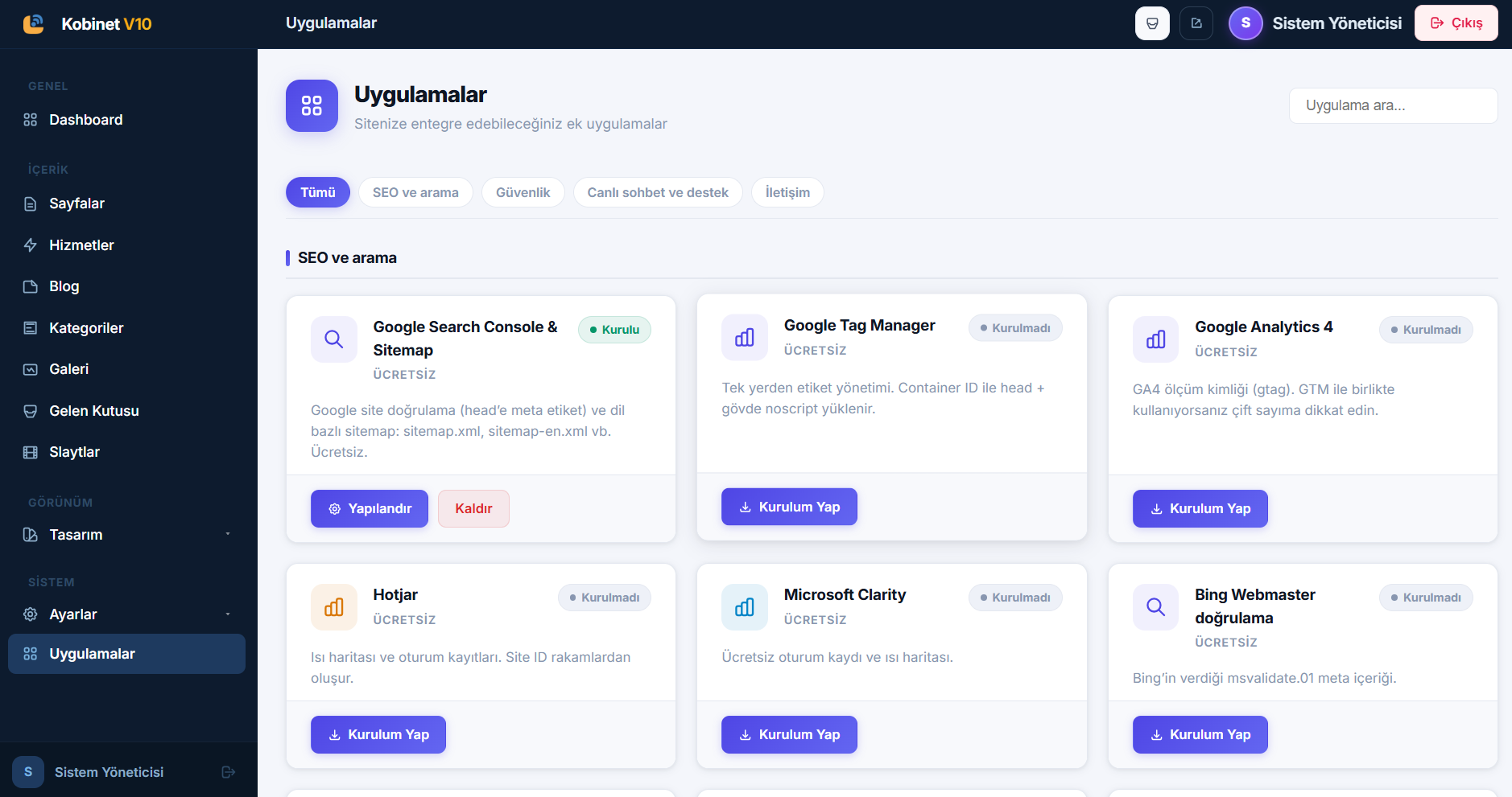 Kobinet web panel ekranı